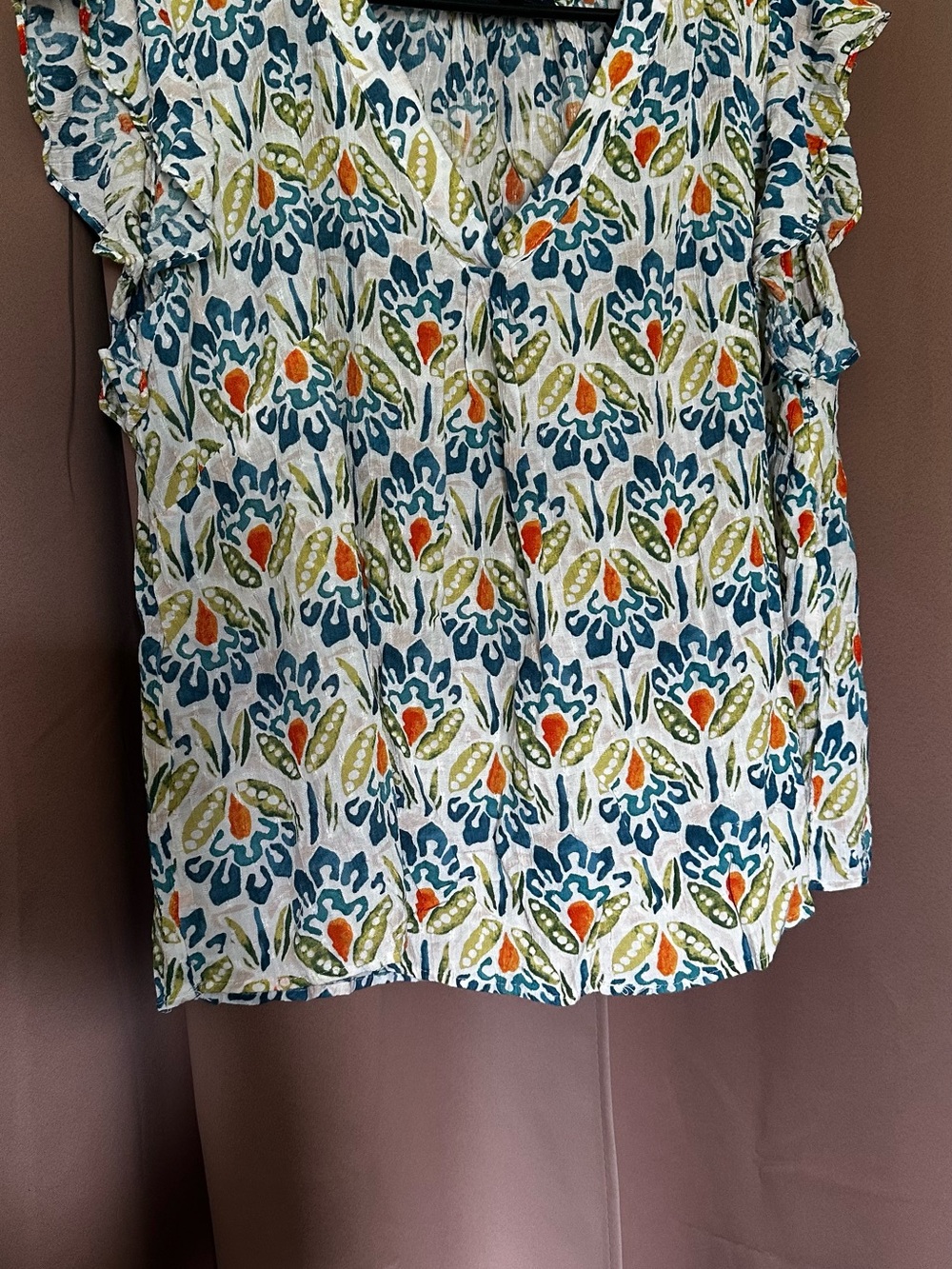 Source Unknown Floral Ruffle-Sleeve Top - Blue/Green/Orange